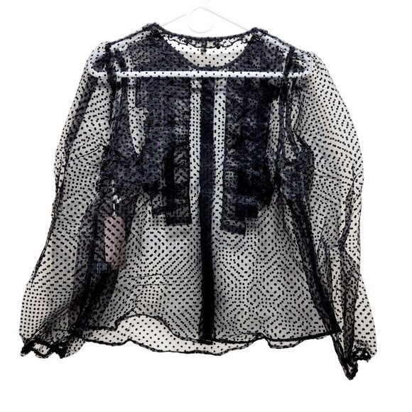 Sheer Black Polka Dot Long Sleeve Blouse With Ruffle Detail Size M - Picture 1 of 9